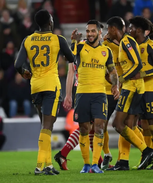 Framed Print : Arsenal's Theo Walcott and Danny Welbeck Celebrate Third Goal in FA Cup Match vs Southampton (2016-17)