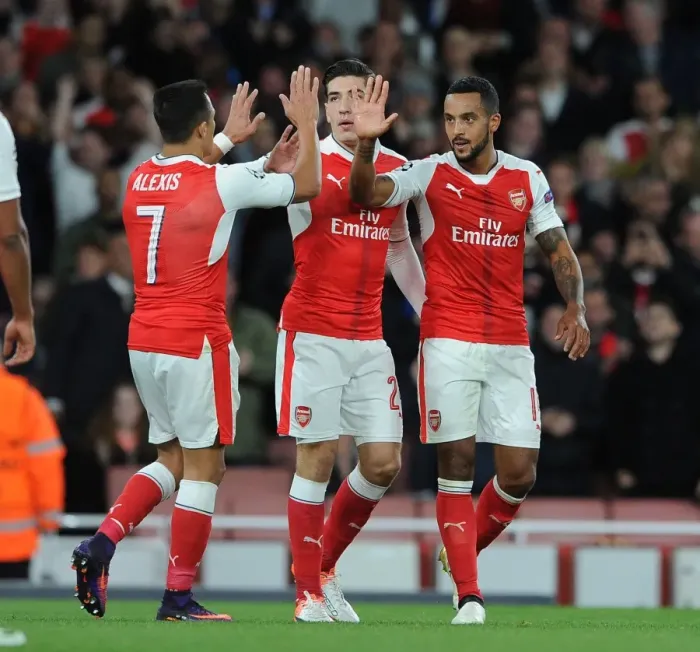 Framed Print : Arsenal's Theo Walcott, Hector Bellerin, and Alexis Sanchez Celebrate Goals Against Ludogorets Razgrad in 2016-17 UEFA Champions League