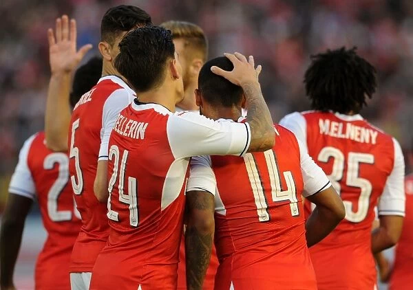 Arsenal's Theo Walcott and Hector Bellerin Celebrate Goal Against Manchester City (2016-17 Pre-Season)
