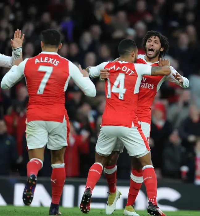 Framed Print : Arsenal's Theo Walcott and Mohamed Elneny Celebrate Goals Against AFC Bournemouth, 2016 / 17 Premier League