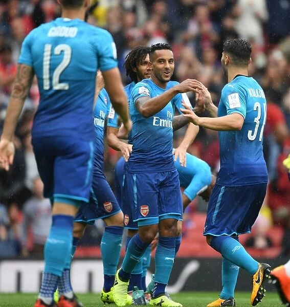 Arsenal's Theo Walcott and Sead Kolasinac Celebrate Goal During Arsenal v Benfica Emirates Cup Match, 2017