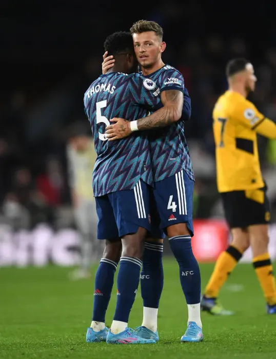 Framed Print : Arsenal's Thomas Partey and Ben White Celebrate Victory Over Wolverhampton Wanderers in Premier League
