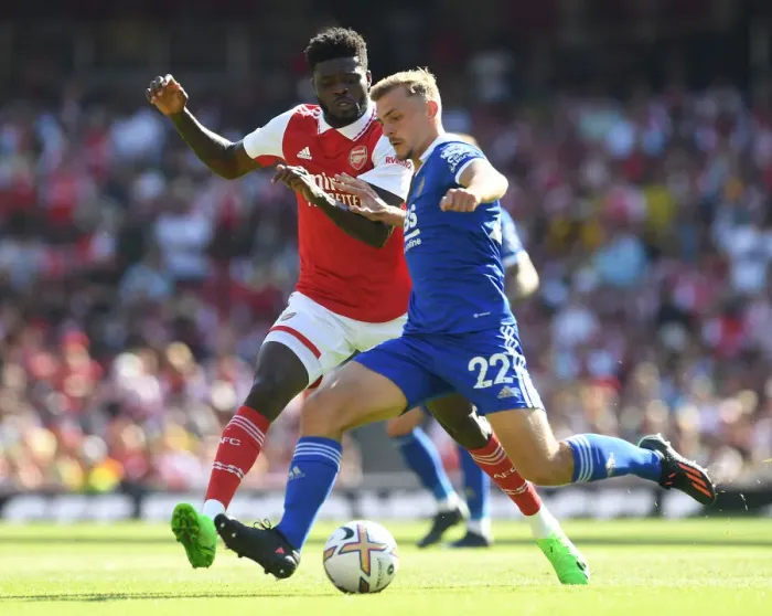 Framed Print : Arsenal's Thomas Partey Closes Down Leicester's Dewsbury-Hall in 2022-23 Premier League Clash Framed Print : Arsenal's Thomas Partey Closes Down Leicester's Dewsbury-Hall in 2022-23 Premier League Clash