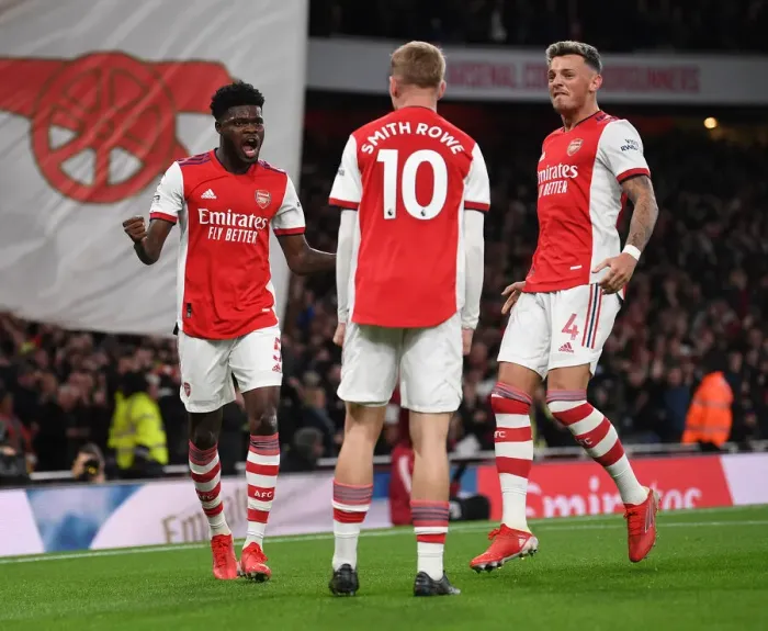 Framed Print : Arsenal's Thomas Partey and Emile Smith Rowe Celebrate First Goal vs. Aston Villa (2021-22)