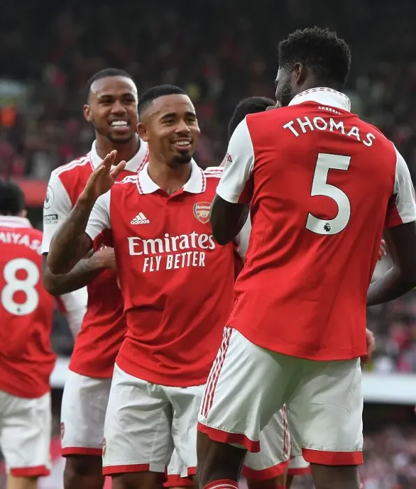 Framed Print : Arsenal's Thomas Partey and Gabriel Jesus: Celebrating Four Goals Against Nottingham Forest (2022-23)