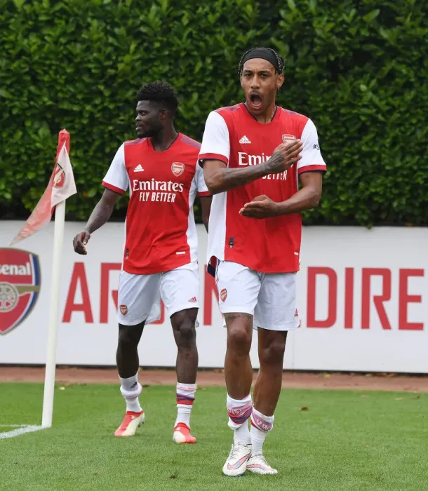 Framed Print : Arsenal's Thomas Partey and Pierre-Emerick Aubameyang Post-Match: Arsenal v Millwall, 2021-22 Pre-Season Friendly
