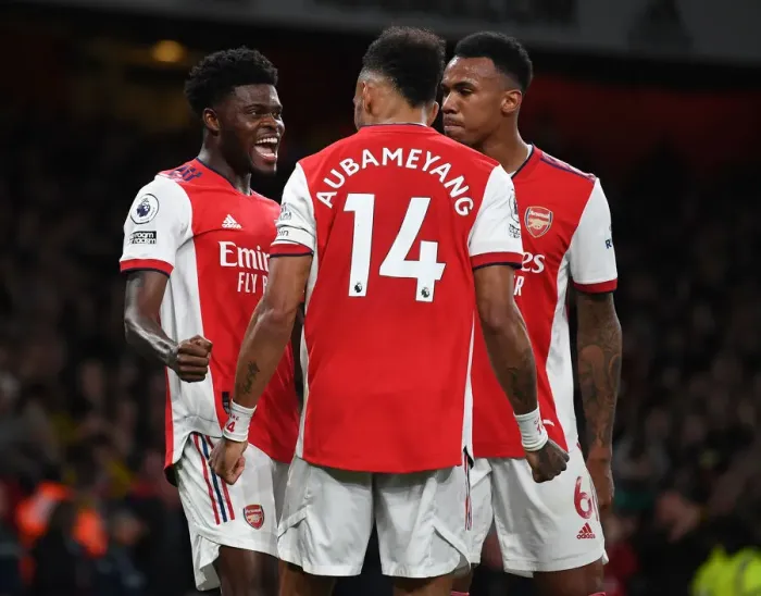 Framed Print : Arsenal's Thomas Partey Scores First Goal, Celebrates with Magalhaes and Aubameyang vs Aston Villa (2021-22) Framed Print : Arsenal's Thomas Partey Scores First Goal, Celebrates with Magalhaes and Aubameyang vs Aston Villa (2021-22)