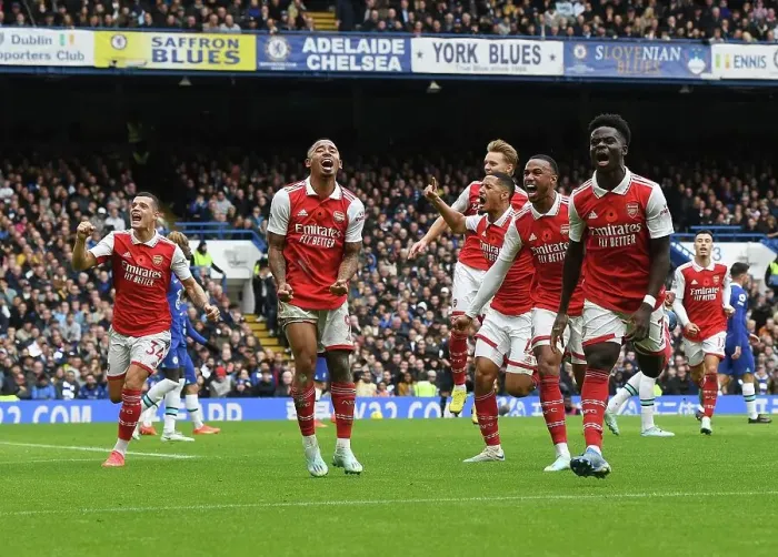 Framed Print : Arsenal's Thrilling Victory: Gabriel's Goal Celebration vs Chelsea, 2022-23 Premier League