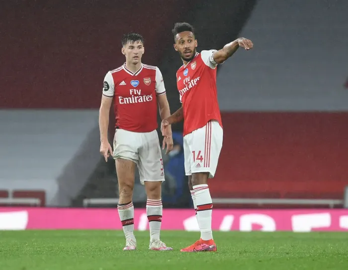 Framed Print : Arsenal's Tierney and Aubameyang in Action against Leicester City (2019-20) Framed Print : Arsenal's Tierney and Aubameyang in Action against Leicester City (2019-20)