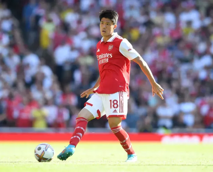 Framed Print : Arsenal's Tomiyasu in Action: Arsenal vs. Leicester City, Premier League 2022-23