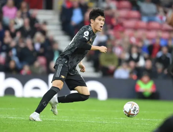Framed Print : Arsenal's Tomiyasu in Action: Southampton vs. Arsenal, Premier League 2022-23