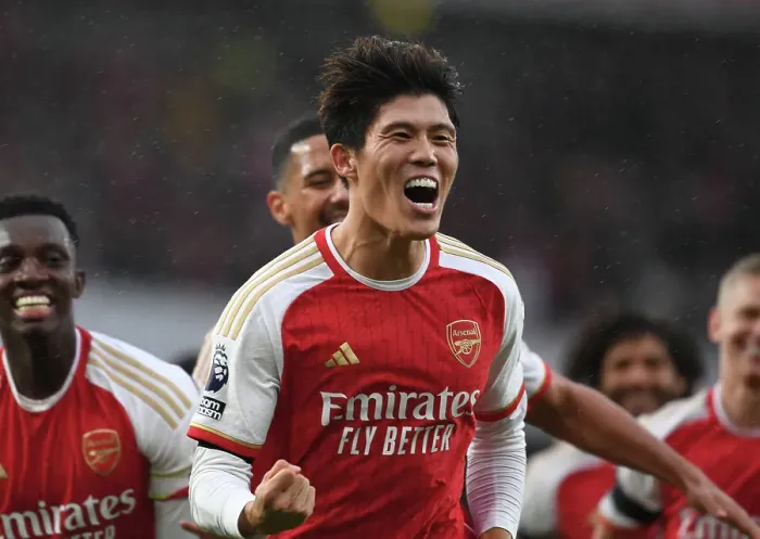 Framed Print : Arsenal's Tomiyasu Scores Fourth Goal in Emirates Victory over Sheffield United (2023-24)