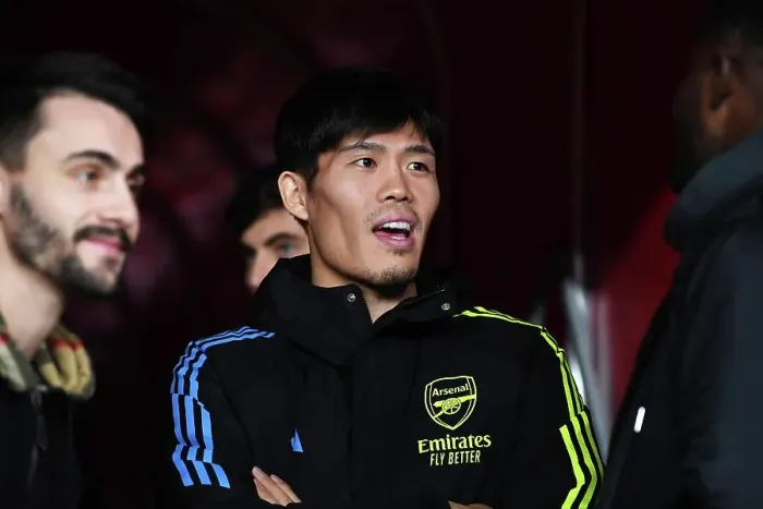 Framed Print : Arsenal's Tomiyasu Watches On: Arsenal FC vs West Ham United, Premier League 2023-24