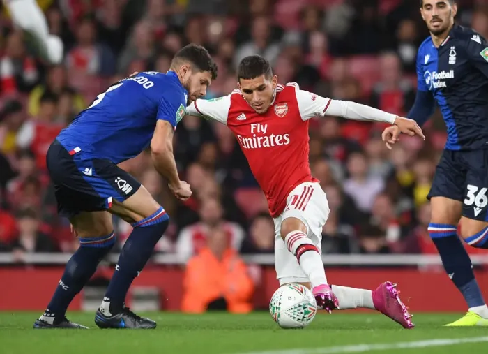 Framed Print : Arsenal's Torreira Clashes with Forest's Figueiredo in Carabao Cup Showdown Framed Print : Arsenal's Torreira Clashes with Forest's Figueiredo in Carabao Cup Showdown