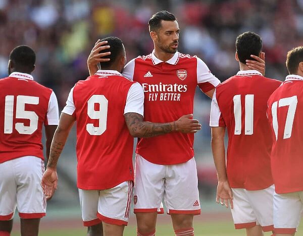 Arsenal's Triple Threat: Mari, Jesus, and Martinelli Celebrate Goals Against 1. FC Nürnberg