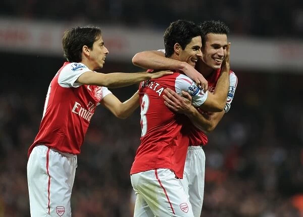 Arsenal's Triumph: Arteta, Benayoun, and van Persie's Unforgettable Goal Celebration (2011-12) - The Magic of Three