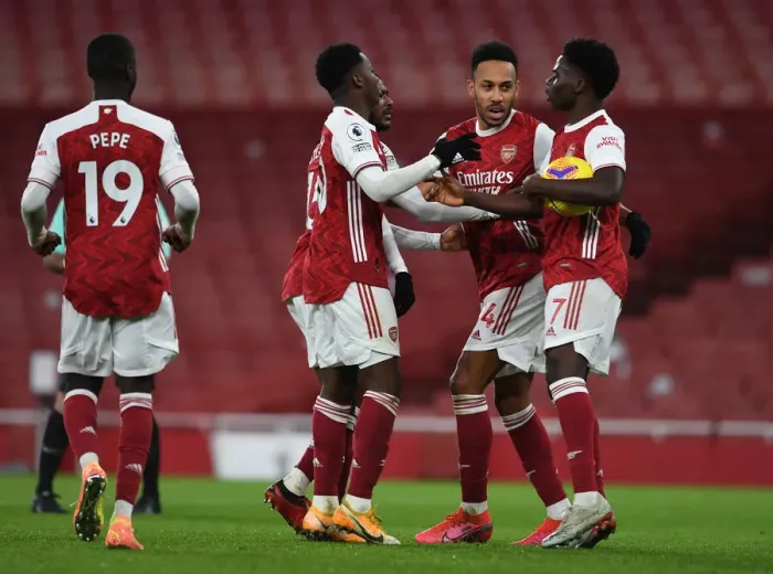Framed Print : Arsenal's Triumph: Aubameyang, Nketiah, Saka's Unforgettable Goal Celebration (2020-21)