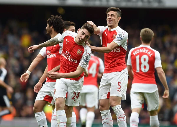 Arsenal's Triumph: Bellerin and Gabriel Celebrate Third Goal vs. Watford (April 2016)