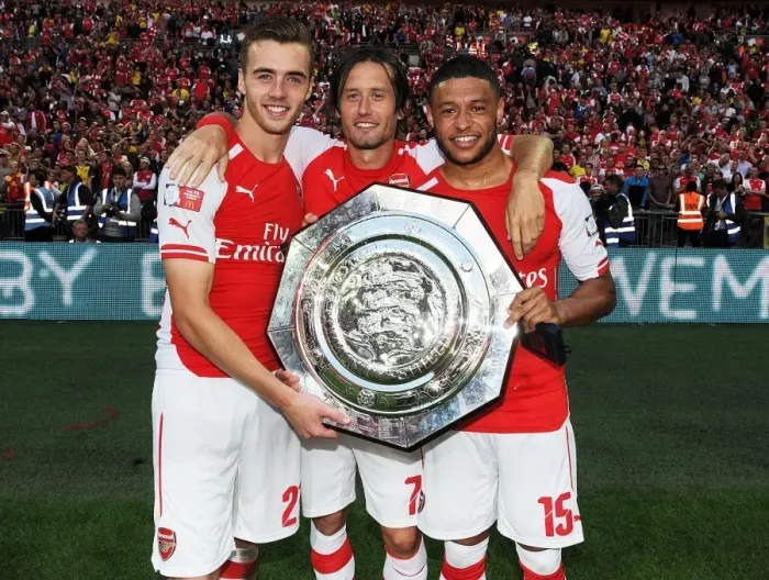 Framed Print : Arsenal's Triumph: Chambers, Rosicky, Oxlade-Chamberlain Celebrate FA Community Shield Victory Framed Print : Arsenal's Triumph: Chambers, Rosicky, Oxlade-Chamberlain Celebrate FA Community Shield Victory