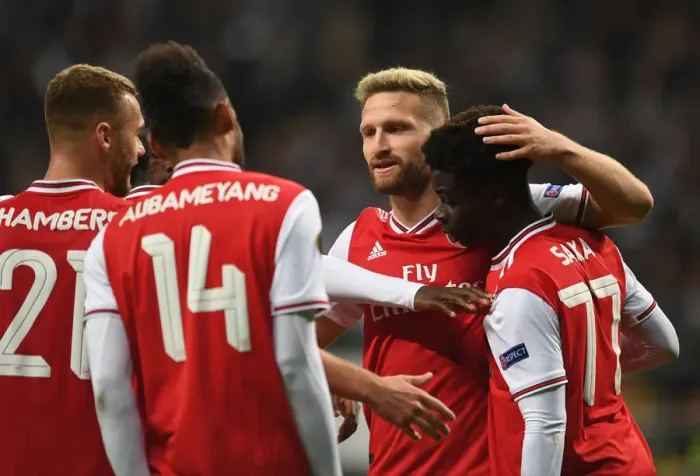 Framed Print : Arsenal's Triumph over Eintracht Frankfurt in Europa League: Mustafi Celebrates Third Goal Framed Print : Arsenal's Triumph over Eintracht Frankfurt in Europa League: Mustafi Celebrates Third Goal