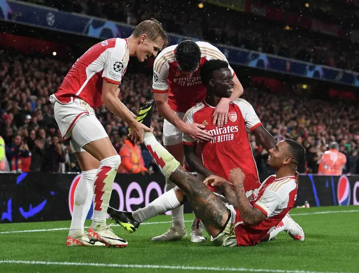 Framed Print : Arsenal's Triumph: Gabriel Jesus, Odegaard, and Saka Celebrate 3rd Goal vs. PSV Eindhoven in 2023-24 Champions League Framed Print : Arsenal's Triumph: Gabriel Jesus, Odegaard, and Saka Celebrate 3rd Goal vs. PSV Eindhoven in 2023-24 Champions League