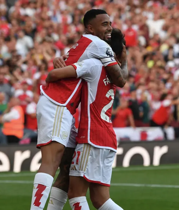 Framed Print : Arsenal's Triumph: Gabriel Jesus and Fabio Vieira Celebrate Third Goal Against Manchester United (2023-24)