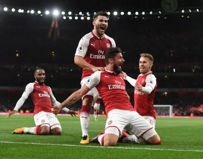 Framed Print : Arsenal's Triumph: Giroud, Kolasinac, Ramsey Celebrate Goals Against Leicester City (2017-18)