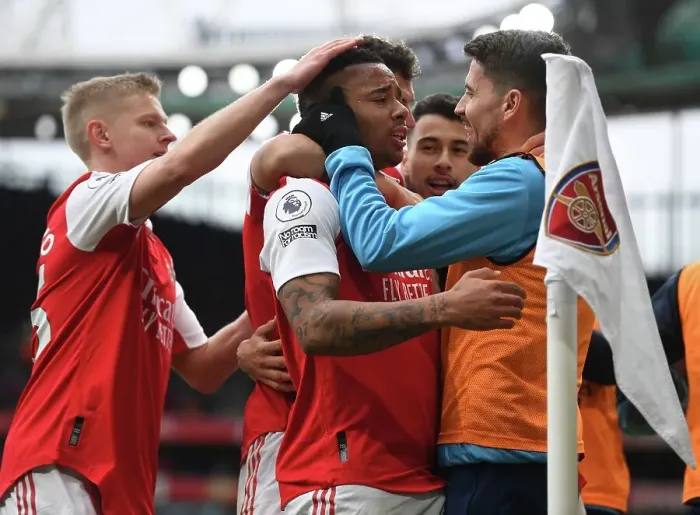 Framed Print : Arsenal's Triumph: Jesus, Jorginho, Zinchenko Celebrate 3rd Goal vs Leeds United (April 2023) Framed Print : Arsenal's Triumph: Jesus, Jorginho, Zinchenko Celebrate 3rd Goal vs Leeds United (April 2023)