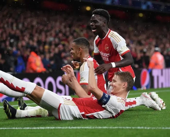 Framed Print : Arsenal's Triumph: Jesus, Odegaard, and Saka Celebrate 3rd Goal vs. PSV Eindhoven (UEFA Champions League 2023 / 24) Framed Print : Arsenal's Triumph: Jesus, Odegaard, and Saka Celebrate 3rd Goal vs. PSV Eindhoven (UEFA Champions League 2023 / 24)