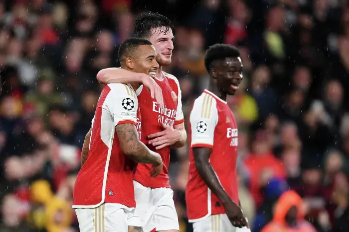 Framed Print : Arsenal's Triumph: Jesus & Rice Celebrate Third Goal vs PSV Eindhoven in 2023-24 UCL Framed Print : Arsenal's Triumph: Jesus & Rice Celebrate Third Goal vs PSV Eindhoven in 2023-24 UCL