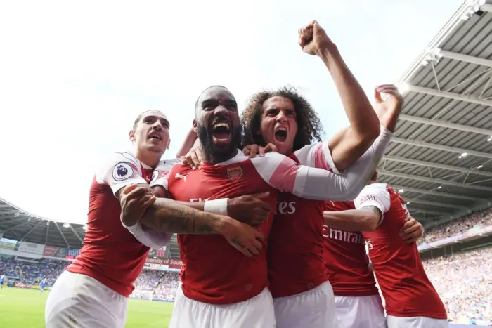 Framed Print : Arsenal's Triumph: Lacazette, Bellerin, Guendouzi Celebrate 2nd Goal vs. Cardiff City (2018-19)
