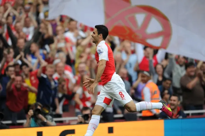Framed Print : Arsenal's Triumph: Mikel Arteta's Exultant Moment After Scoring the Fourth Goal vs. Aston Villa (2015-16)