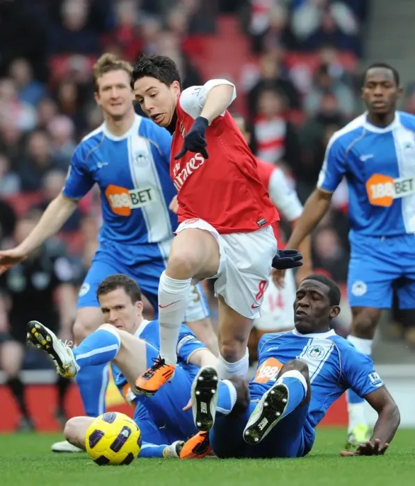 Framed Print : Arsenal's Triumph: Nasri's Brilliance Leads to 3-0 Win Over Wigan's Caldwell and Thomas Framed Print : Arsenal's Triumph: Nasri's Brilliance Leads to 3-0 Win Over Wigan's Caldwell and Thomas