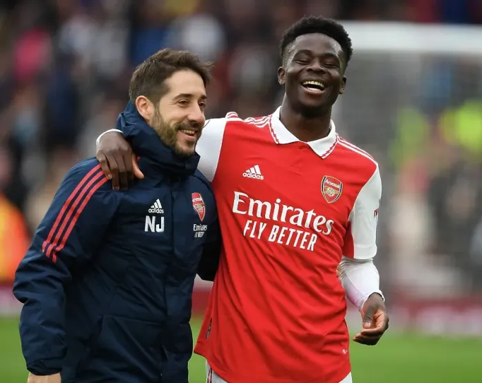 Framed Print : Arsenal's Triumph: Nico Jover and Bukayo Saka Celebrate in the Premier League 2022-23