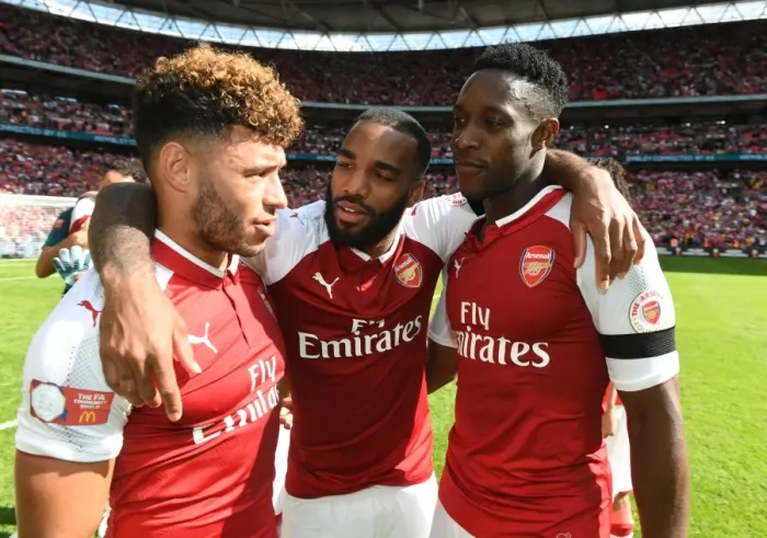 Framed Print : Arsenal's Triumph: Oxlade-Chamberlain, Lacazette, and Welbeck Celebrate FA Community Shield Victory Framed Print : Arsenal's Triumph: Oxlade-Chamberlain, Lacazette, and Welbeck Celebrate FA Community Shield Victory