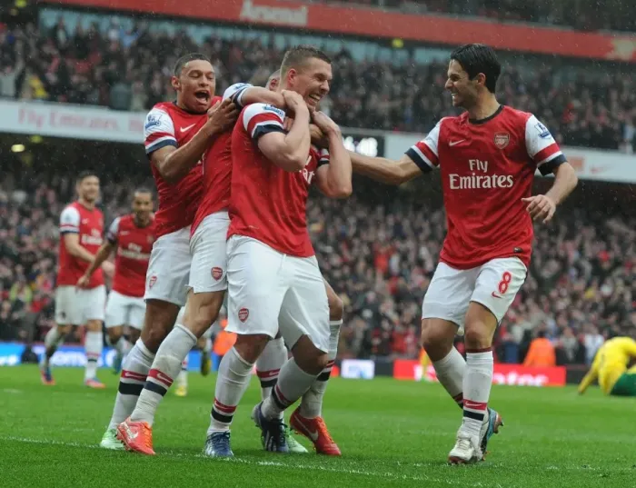 Framed Print : Arsenal's Triumph: Podolski, Oxlade-Chamberlain, and Arteta's Unforgettable Goal Celebration (April 2013)
