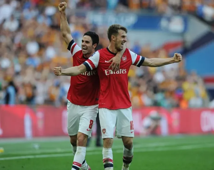 Framed Print : Arsenal's Triumph: Ramsey and Arteta's FA Cup Victory Celebration (Arsenal vs Hull City, 2014)