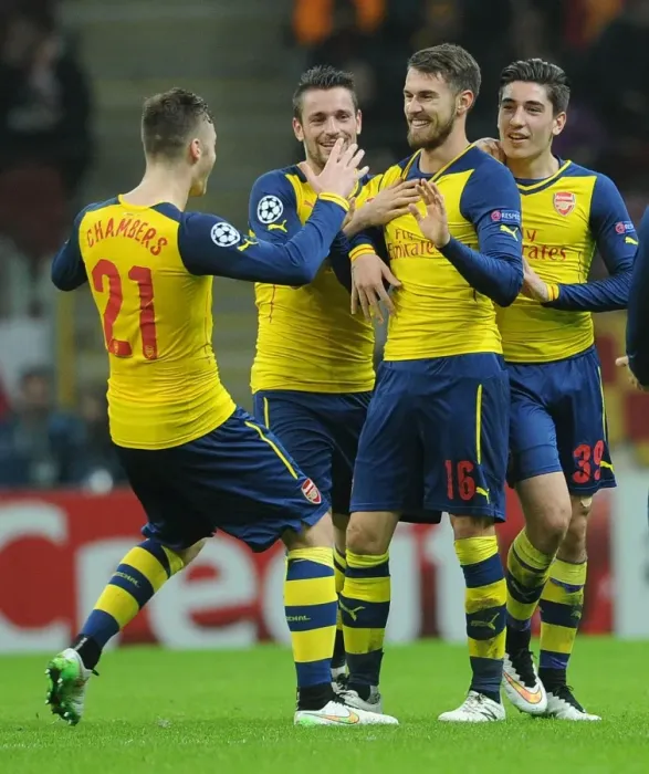 Framed Print : Arsenal's Triumph: Ramsey, Bellerin, Debuchy, and Chambers Celebrate Goals Against Galatasaray in Champions League Framed Print : Arsenal's Triumph: Ramsey, Bellerin, Debuchy, and Chambers Celebrate Goals Against Galatasaray in Champions League