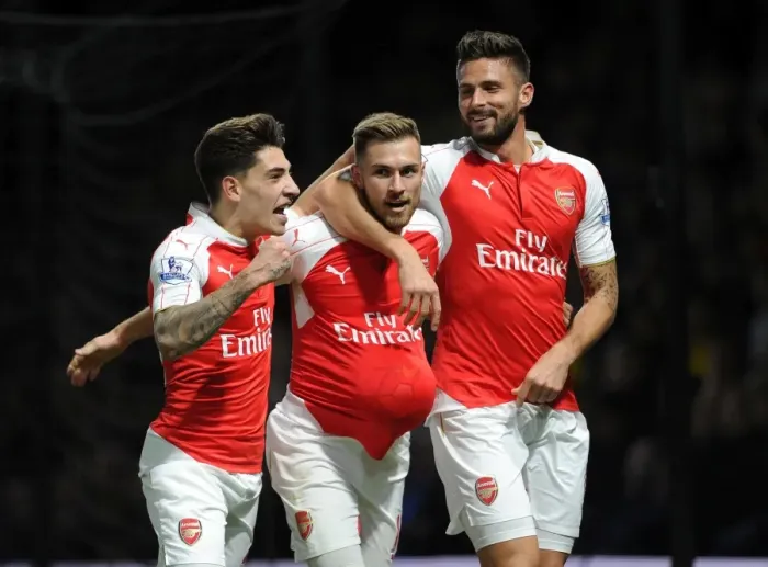 Framed Print : Arsenal's Triumph: Ramsey, Giroud, Bellerin in Glory: Celebrating Goals Against Watford (2015 / 16) Framed Print : Arsenal's Triumph: Ramsey, Giroud, Bellerin in Glory: Celebrating Goals Against Watford (2015 / 16)