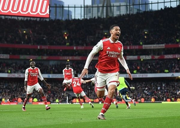 Arsenal's Triumph: Saliba Celebrates Nelson's Goal vs. AFC Bournemouth (2022-23)