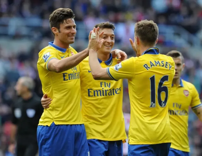 Framed Print : Arsenal's Triumph: Unforgettable Goal Celebration - Ramsey, Giroud, Ozil (2013-14) Framed Print : Arsenal's Triumph: Unforgettable Goal Celebration - Ramsey, Giroud, Ozil (2013-14)
