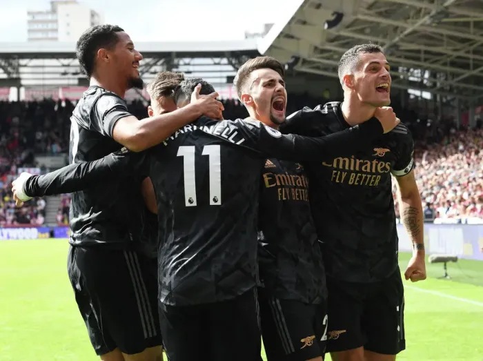 Framed Print : Arsenal's Triumph: Vieira, Xhaka, Martinelli, and Saliba Celebrate 3rd Goal vs. Brentford (2022-23)