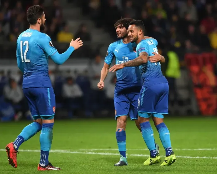 Framed Print : Arsenal's Triumph: Walcott, Elneny, and Giroud Celebrate Goals vs. FC BATE Borisov Framed Print : Arsenal's Triumph: Walcott, Elneny, and Giroud Celebrate Goals vs. FC BATE Borisov