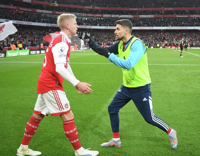 Framed Print : Arsenal's Triumph: Zinchenko and Jorginho Celebrate Third Goal vs. AFC Bournemouth (2022-23) Framed Print : Arsenal's Triumph: Zinchenko and Jorginho Celebrate Third Goal vs. AFC Bournemouth (2022-23)