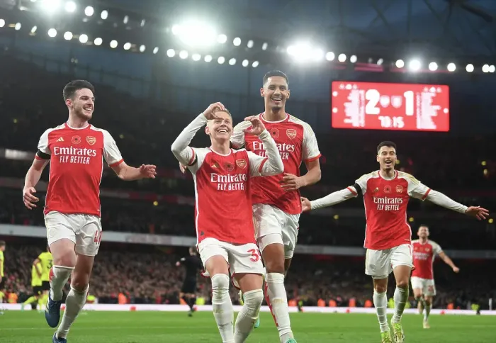 Framed Print : Arsenal's Triumph: Zinchenko, Rice, Saliba, and Martinelli Celebrate Goals Against Burnley (2023-24) Framed Print : Arsenal's Triumph: Zinchenko, Rice, Saliba, and Martinelli Celebrate Goals Against Burnley (2023-24)