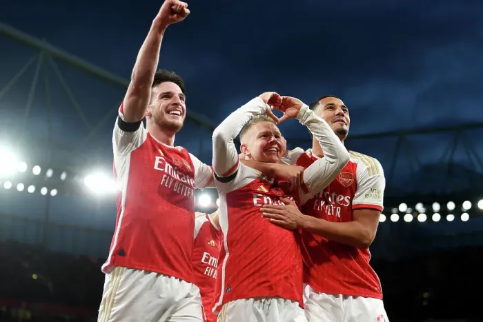 Framed Print : Arsenal's Triumph: Zinchenko, Rice, and Saliba Celebrate Third Goal vs Burnley (2023-24) Framed Print : Arsenal's Triumph: Zinchenko, Rice, and Saliba Celebrate Third Goal vs Burnley (2023-24)
