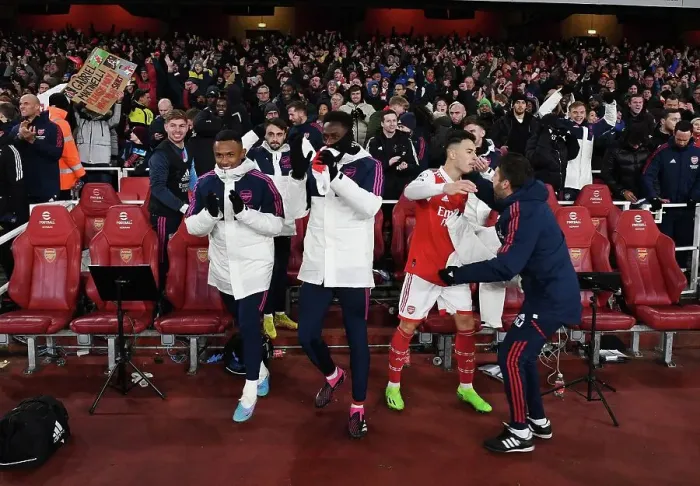 Framed Print : Arsenal's Triumphant Bench: Celebrating a Hard-Fought Victory Over Manchester United (2022-23) Framed Print : Arsenal's Triumphant Bench: Celebrating a Hard-Fought Victory Over Manchester United (2022-23)