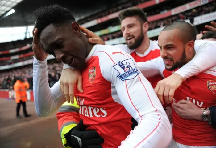 Framed Print : Arsenal's Triumphant Trio: Welbeck, Walcott, and Giroud Celebrate Double Strike Against Leicester City (2016) Framed Print : Arsenal's Triumphant Trio: Welbeck, Walcott, and Giroud Celebrate Double Strike Against Leicester City (2016)