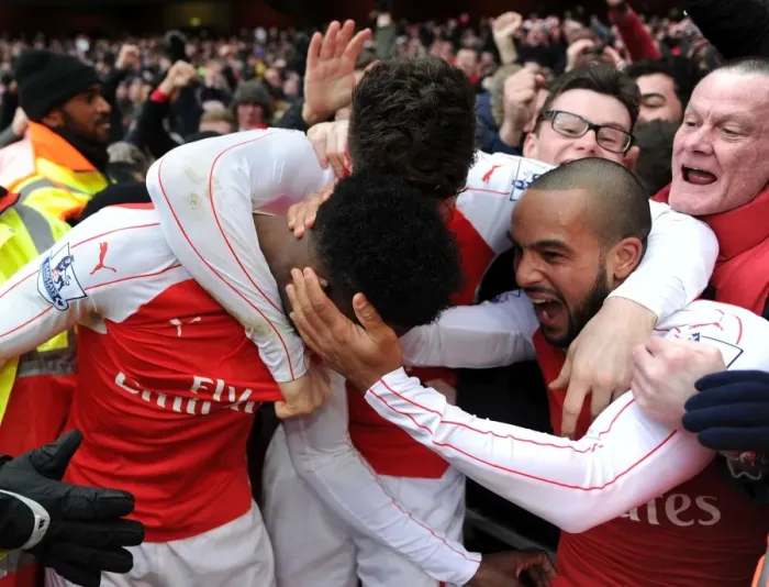 Framed Print : Arsenal's Triumphant Trio: Welbeck, Walcott, and Giroud Celebrate Goals vs. Leicester City (2016) Framed Print : Arsenal's Triumphant Trio: Welbeck, Walcott, and Giroud Celebrate Goals vs. Leicester City (2016)