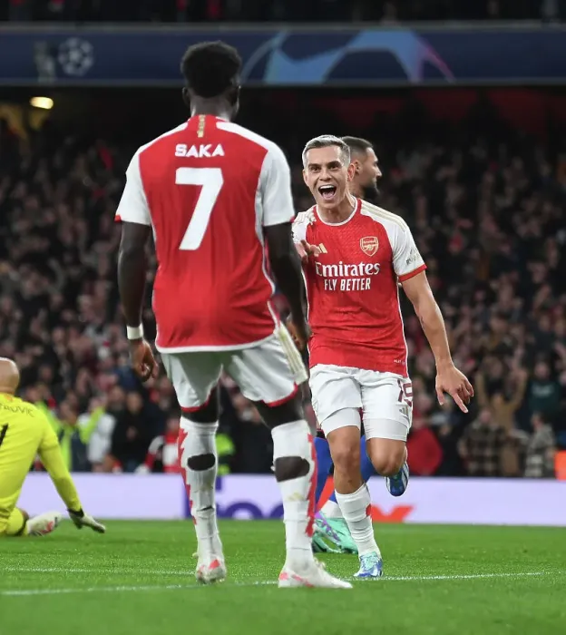 Framed Print : Arsenal's Trossard and Saka Celebrate First Goal vs Sevilla in 2023-24 Champions League Framed Print : Arsenal's Trossard and Saka Celebrate First Goal vs Sevilla in 2023-24 Champions League